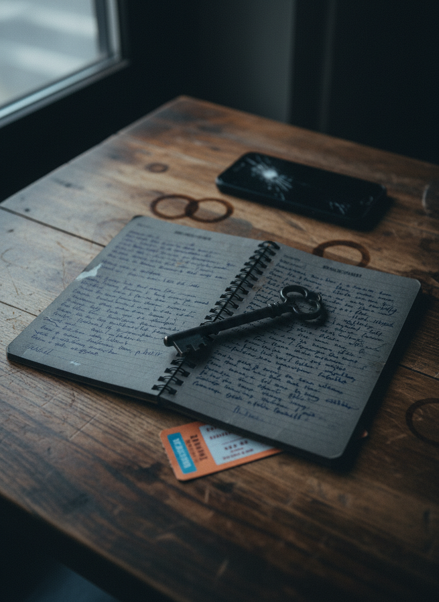 A battered, spiral-bound notebook with a charcoal-gray cardboard cover lies open on a scuffed wooden table, its pages dense with tiny, slanted handwriting and smudged ink corrections. A black metal key rests across the center crease, catching a faint highlight. Around it, there are coffee stains, a cracked smartphone face down, and a subway ticket half-tucked under the notebook. Dim, cool-toned evening light from an unseen window grazes the surface, casting long, soft shadows that sink into the table’s grain. Photographic realism, shot at eye level with a shallow depth of field so the edges blur into darkness, creating a moody, intimate atmosphere that hints at untold stories and private histories.