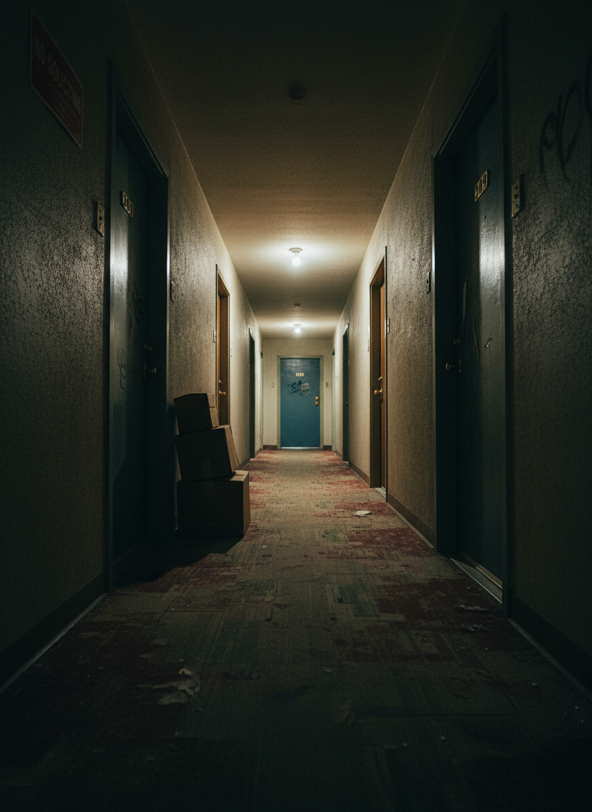 A dimly lit apartment hallway with worn, patterned carpet stretches into the distance, lined with mismatched doors in muted greens and browns, each bearing different numbers and scratched peepholes. A single exposed bulb at the far end casts a harsh, yellowish light, leaving the near foreground in deep shadow. Near one door, a small stack of anonymous cardboard packages leans precariously beside a faded “No Soliciting” sign. Photographic realism, captured from a low, centered angle that exaggerates the tunnel-like perspective. The mood is tense yet quiet, suggesting countless unseen lives behind each door, with subtle reflections on the brass doorknobs and grainy textures in the walls enhancing the dark, observational atmosphere.